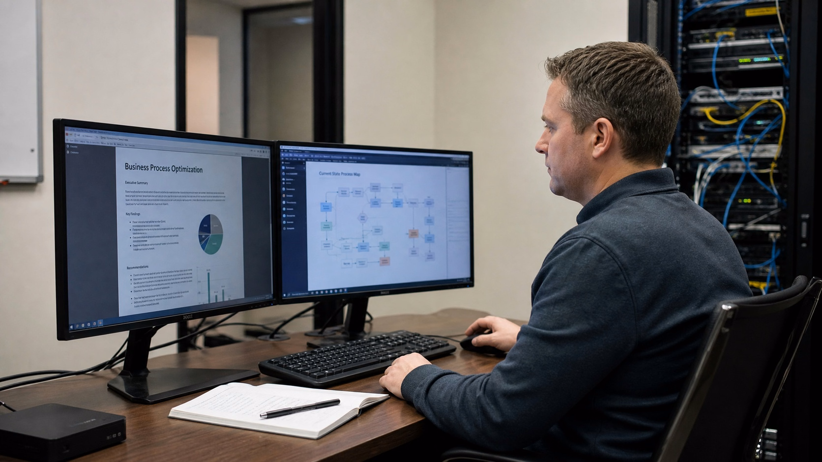 A white man in his 40s sits at his desk, focused on his dual monitors,