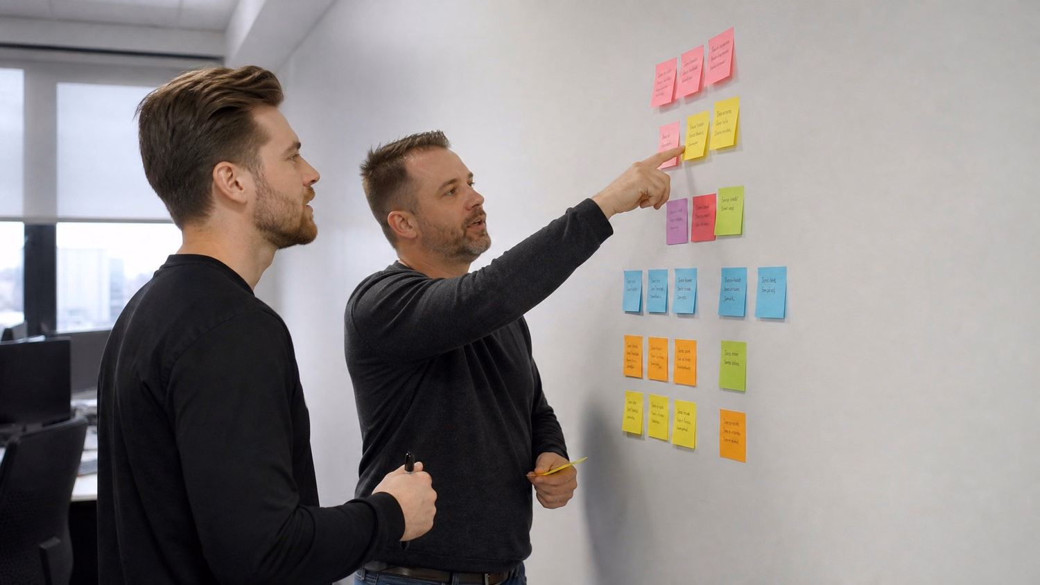 STICKY NOTE WALL An IT professional two people standing at a wall covered wi