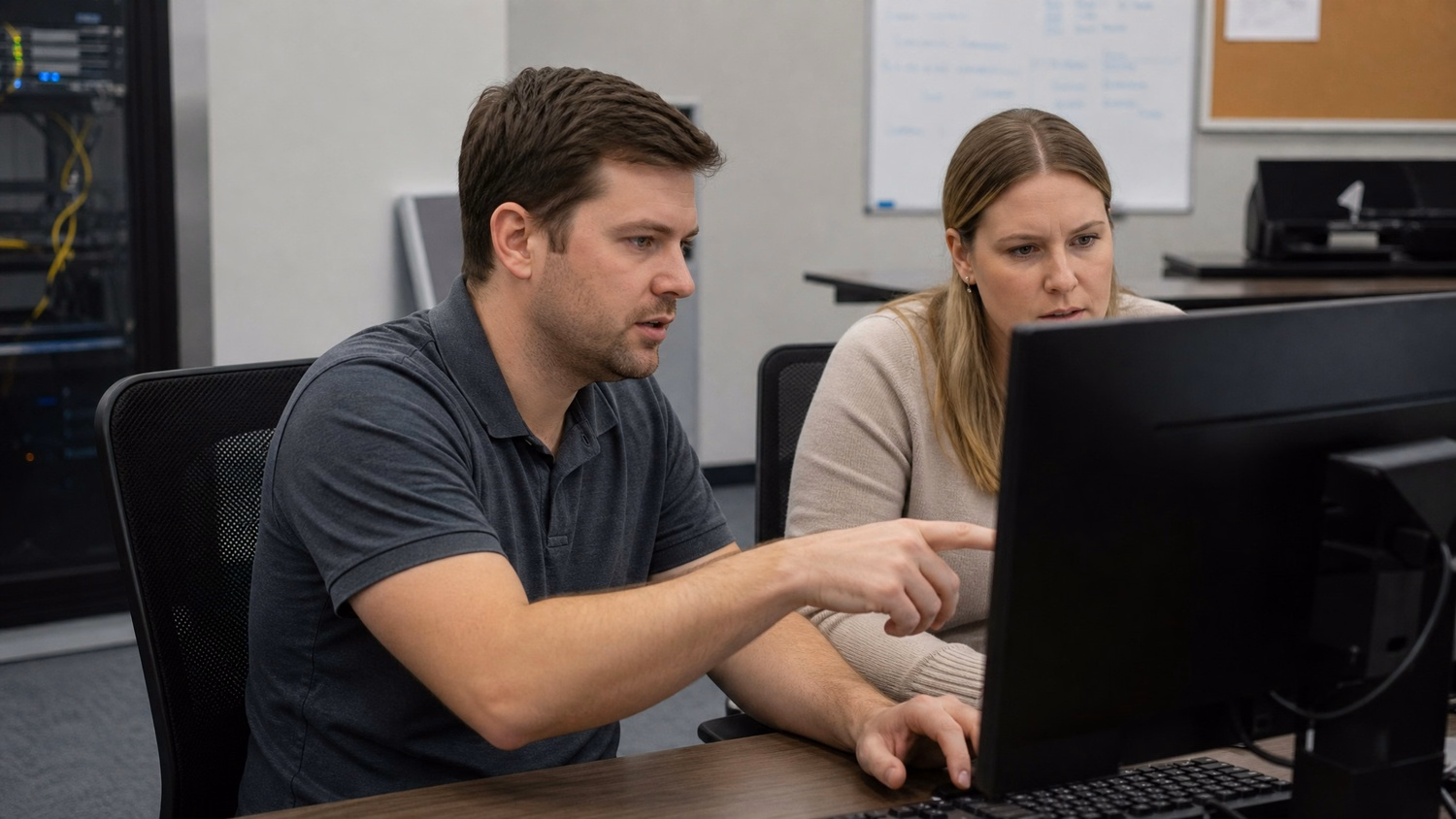 SIDE-BY-SIDE PAIR An IT professional two people seated side by side reviewin