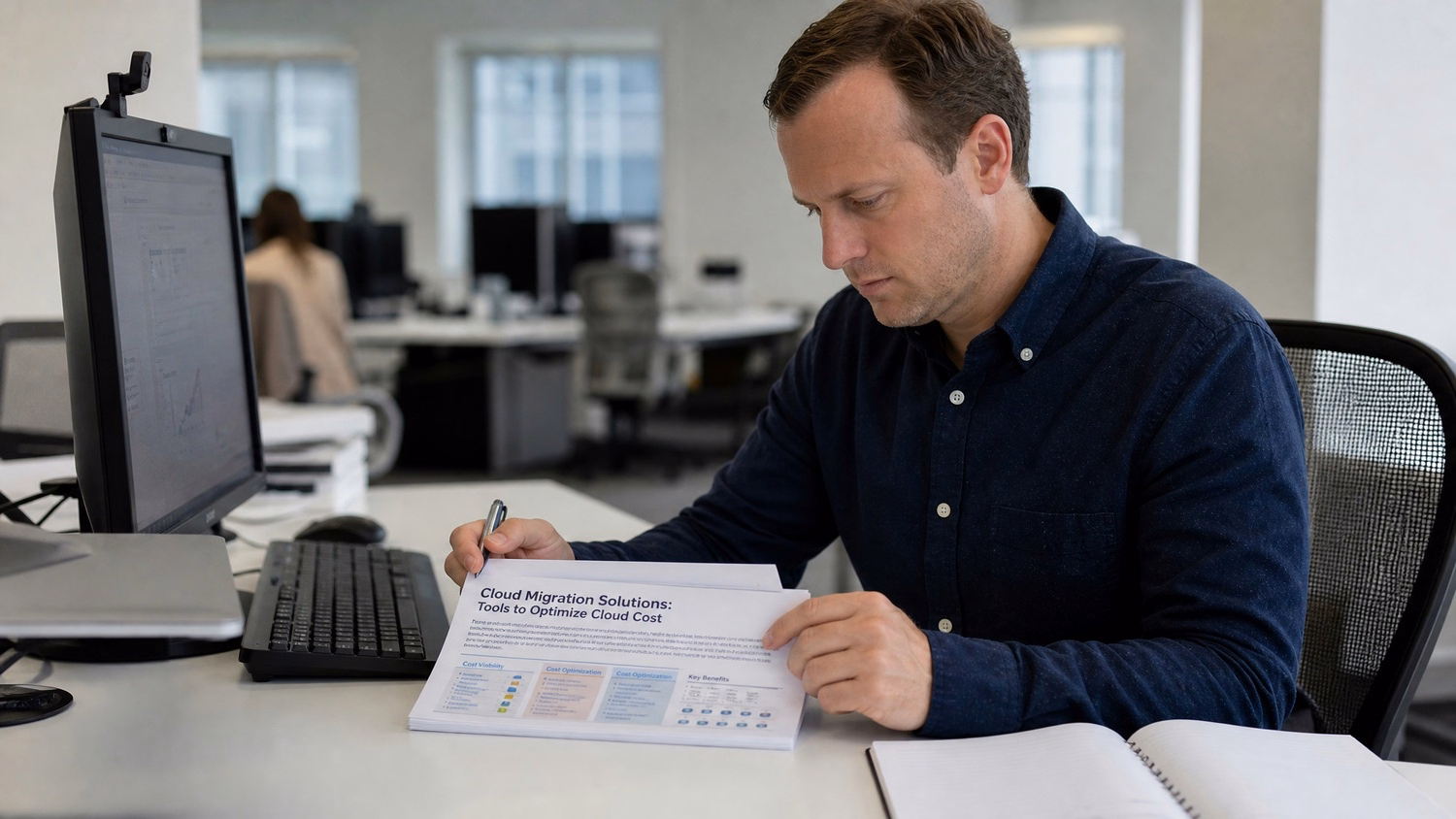 FOCUSED READING An IT professional one person seated at a desk reading print