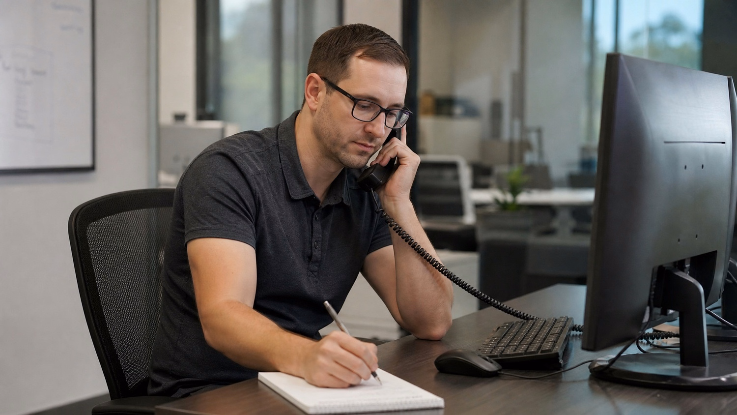 PHONE CALL AT DESK An IT professional one person at a desk with phone to one