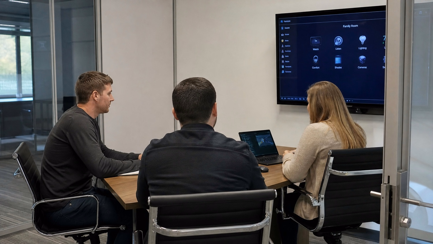 SMALL CONFERENCE ROOM An IT professional three people seated around a small