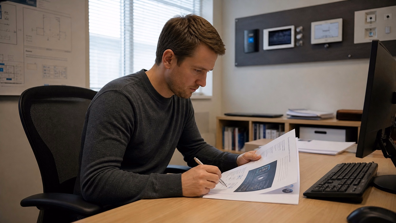 FOCUSED READING An IT professional one person seated at a desk reading print