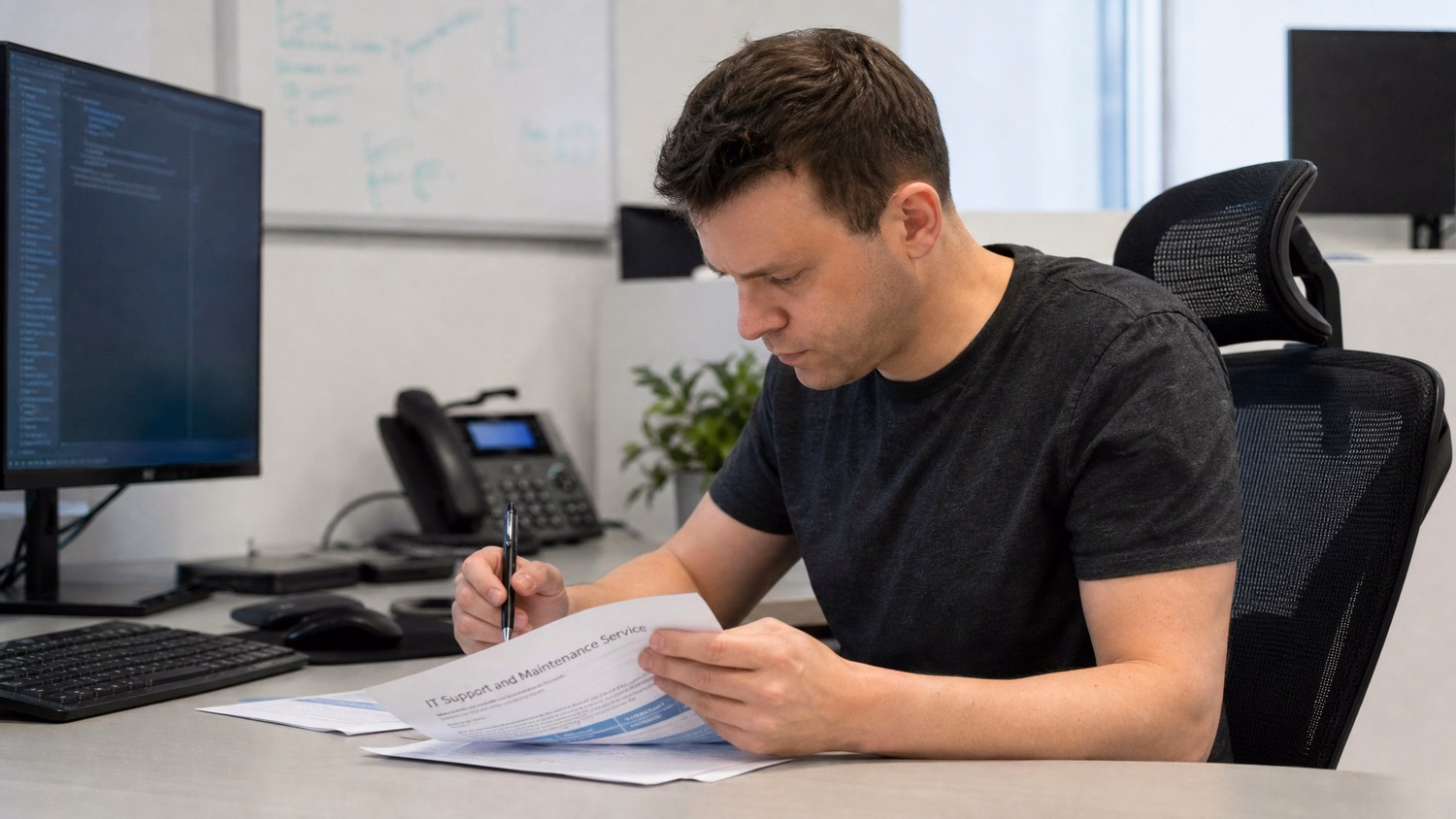 FOCUSED READING An IT professional one person seated at a desk reading print