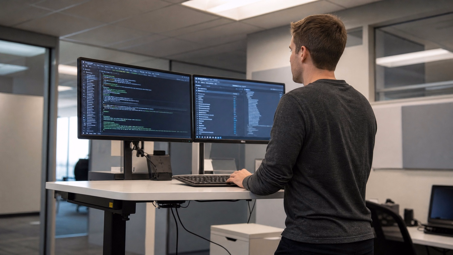 STANDING DESK An IT professional one person standing at a height-adjustable