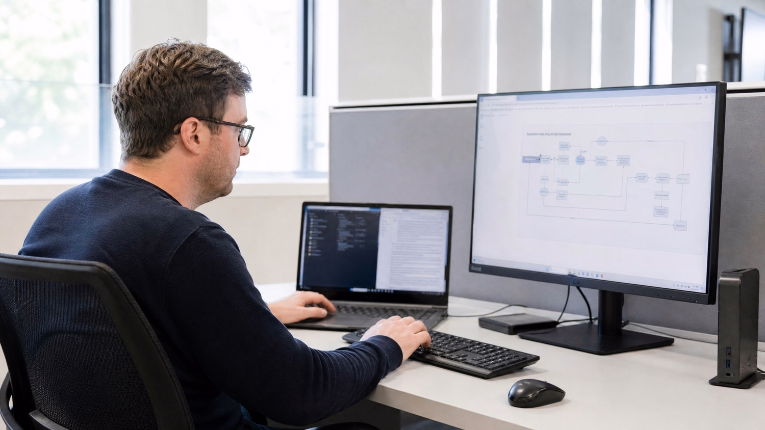 SOLO WORKSTATION An IT professional one person alone at a single desk with a