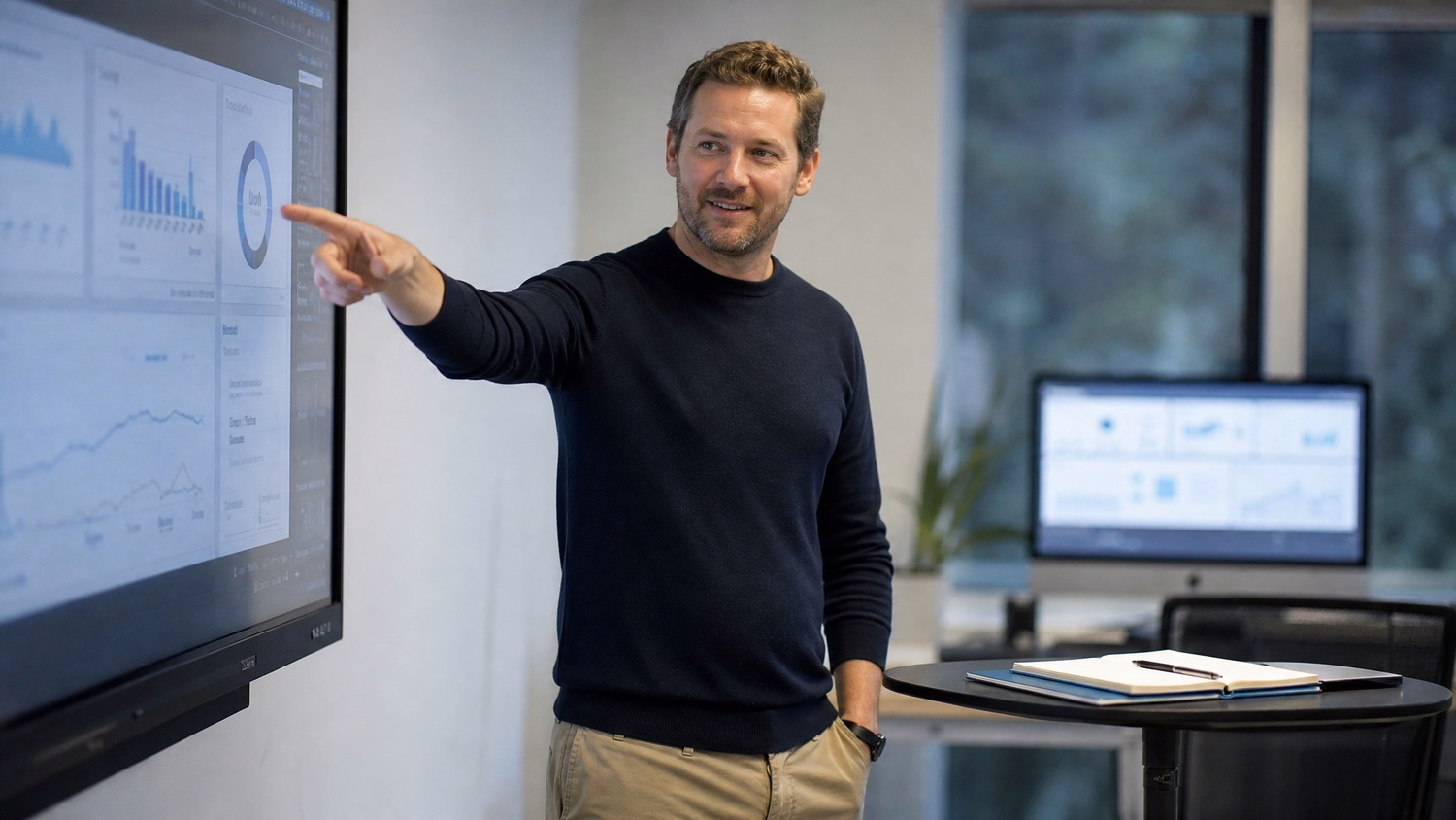 Consultant pointing at presentation screen, notebook nearby