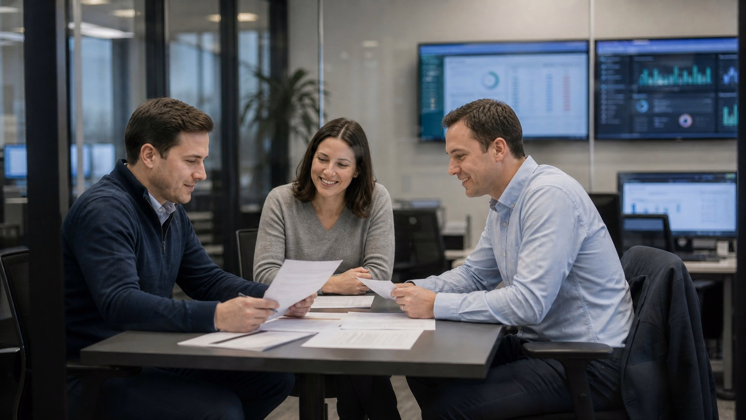 Consultants review documents in glass conference room, jacket nearby 73