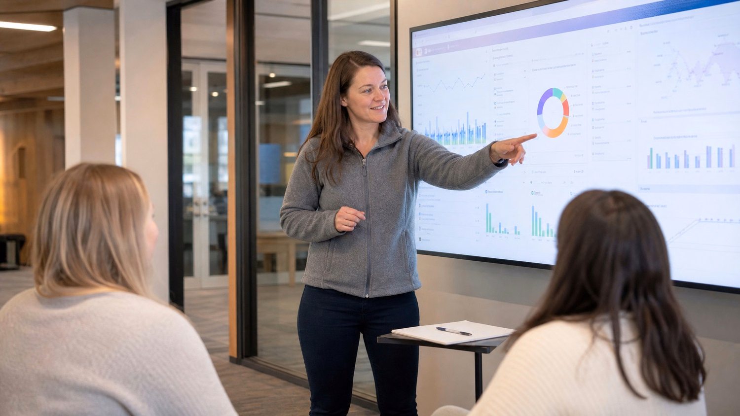 Woman points to TV screen, cybersecurity discussion