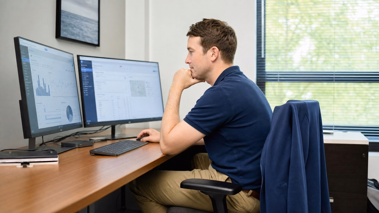 Cybersecurity analyst reviews data on dual monitors 61 chars
