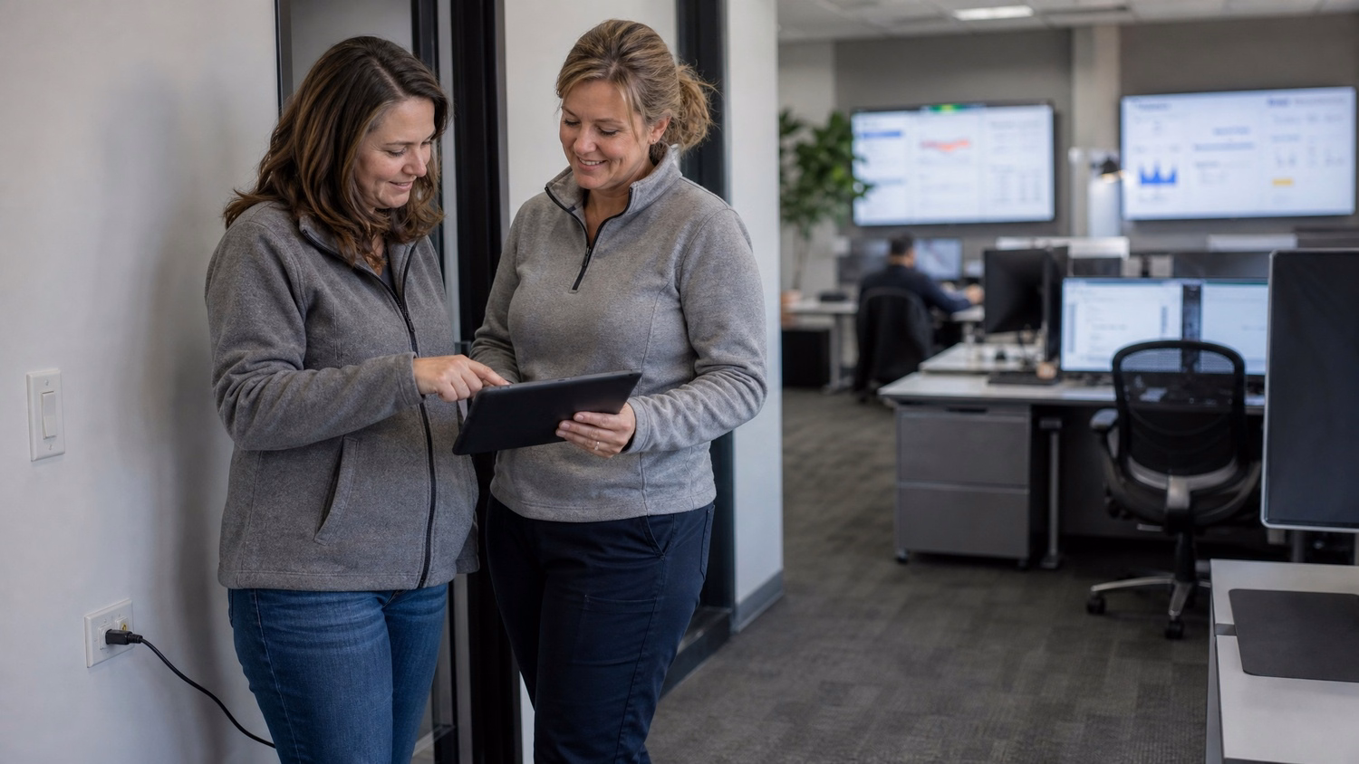 Office workers discuss tablet near trailing cable