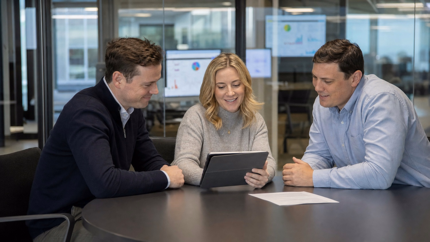 Three IT professionals review tablet in conference room 63 chars