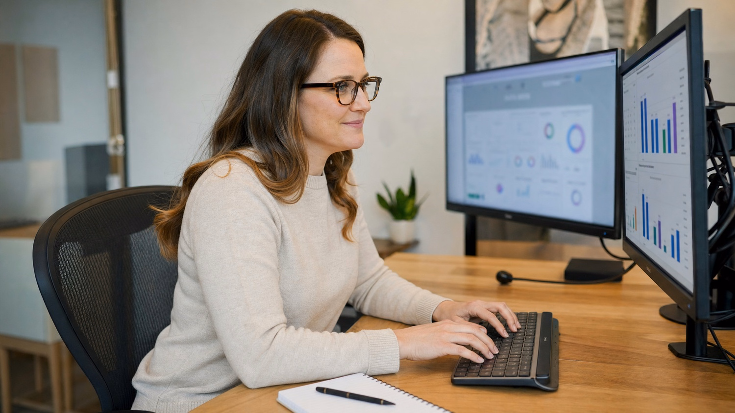 Woman technician typing, focused on dual monitors at desk