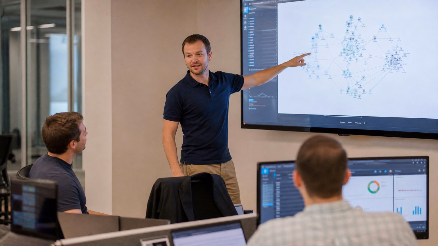 IT professional points at network diagram on wall screen