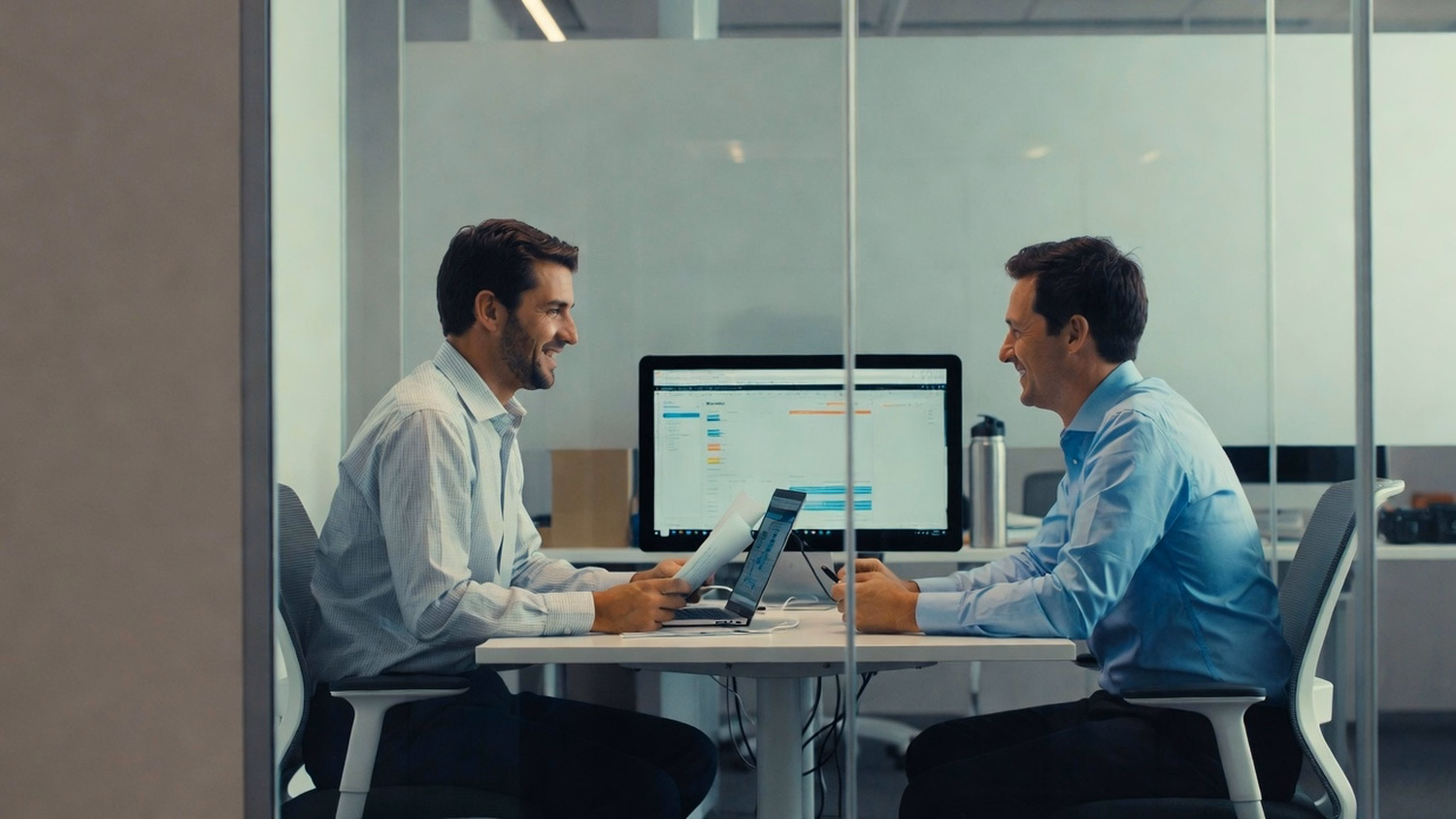 On-site IT pros review documents in conference room, loose cable visible 74