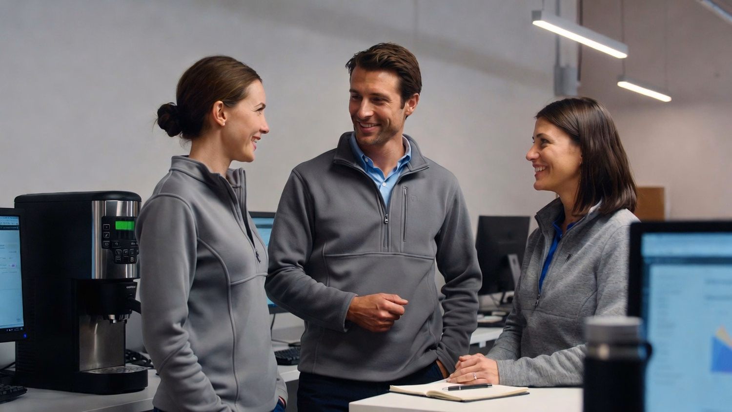 Colleagues chat by coffee machine, one holding notebook