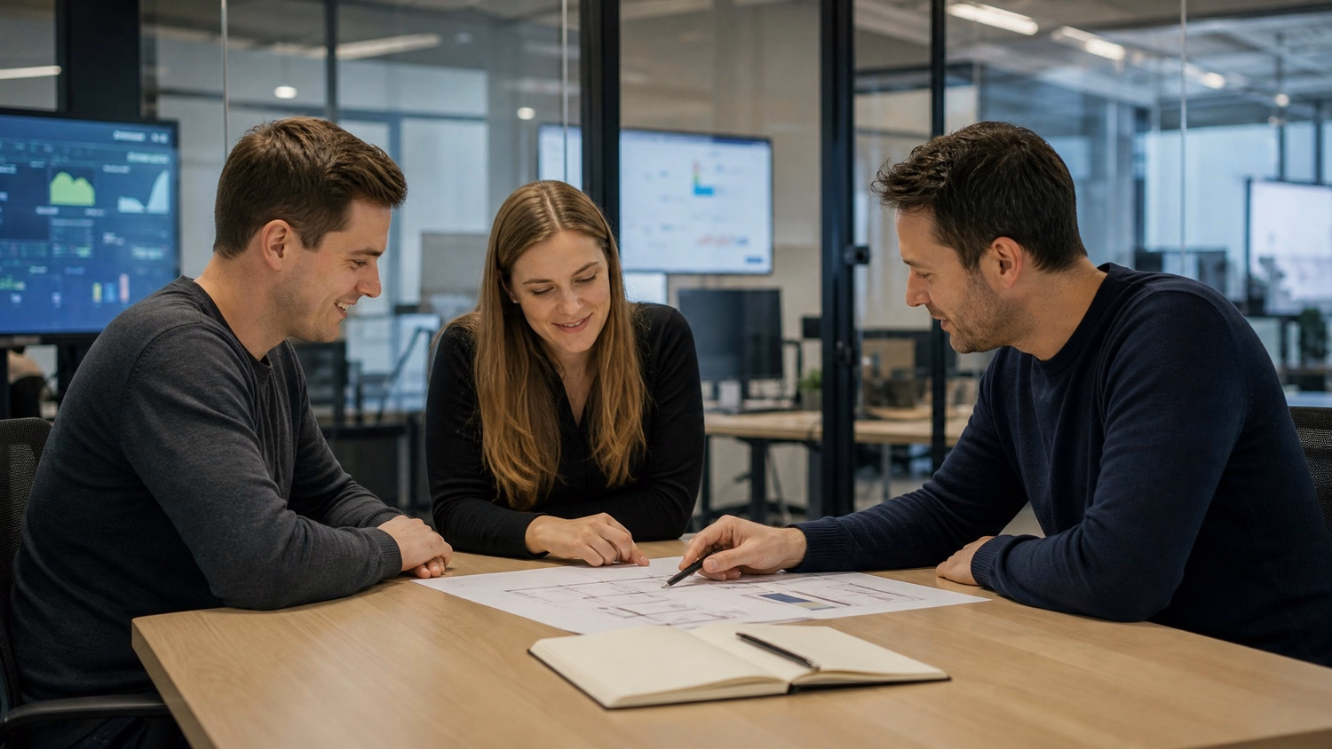 Cloud consultants collaborating around a table with documents