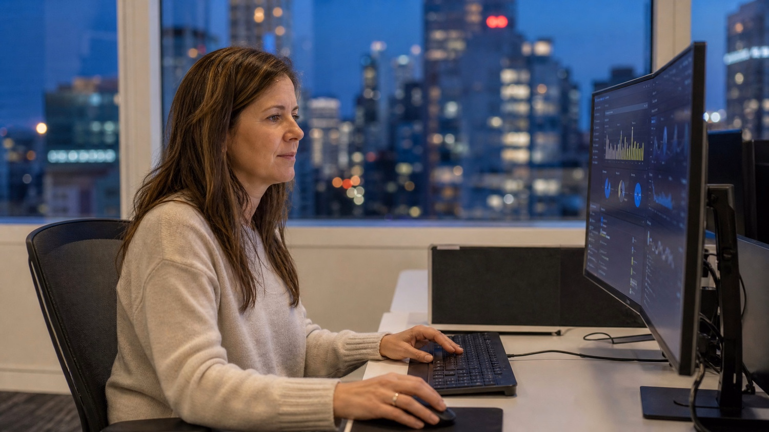 Woman reviews dark dashboard at dusk window desk