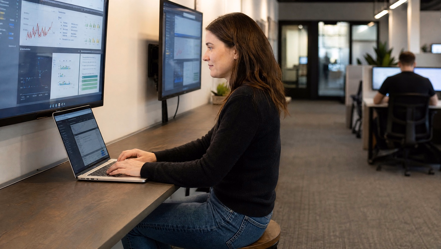 Woman at stool desk typing on laptop with dashboard 61