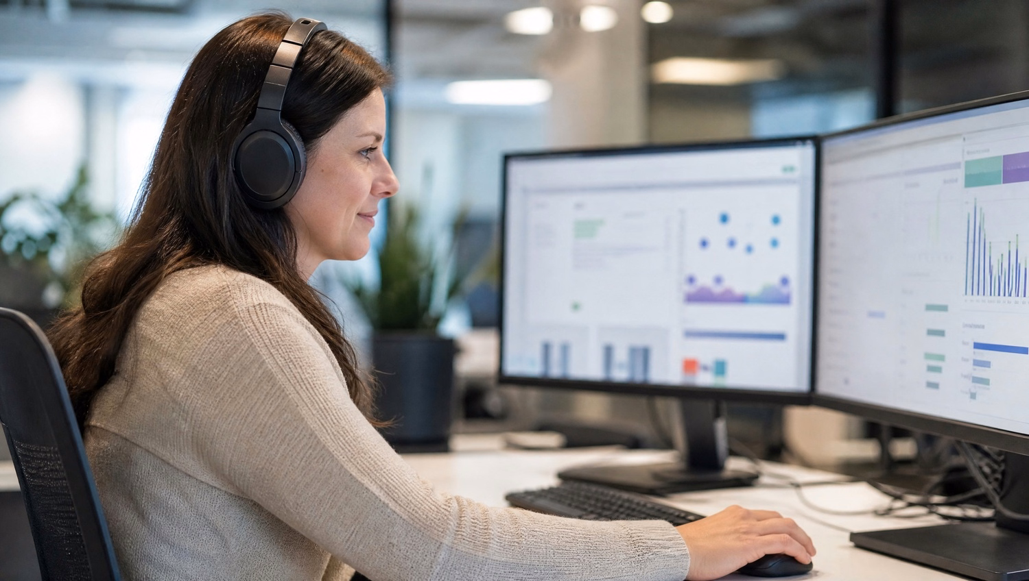 Woman in headphones reviews dual screen data dashboards 62