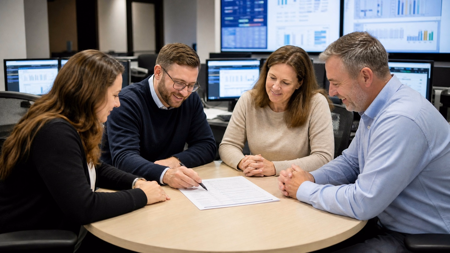 Compliance officers review IT audit checklist around table