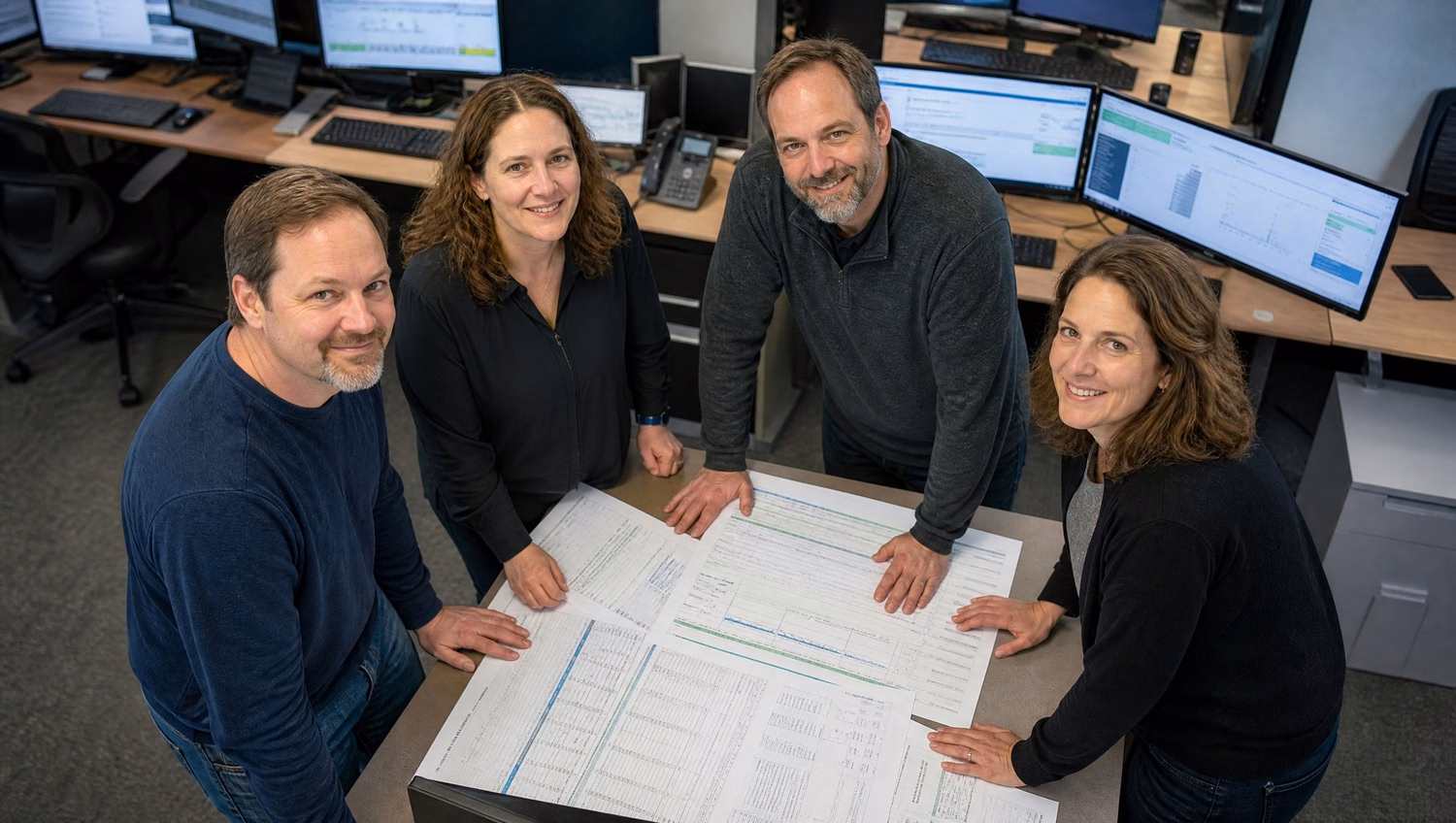 IT team analyzing system logs at conference table 55 chars
