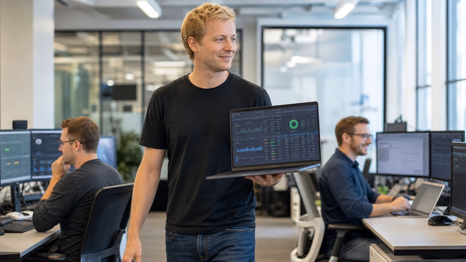 Man walks through office with open laptop, network dashboard
