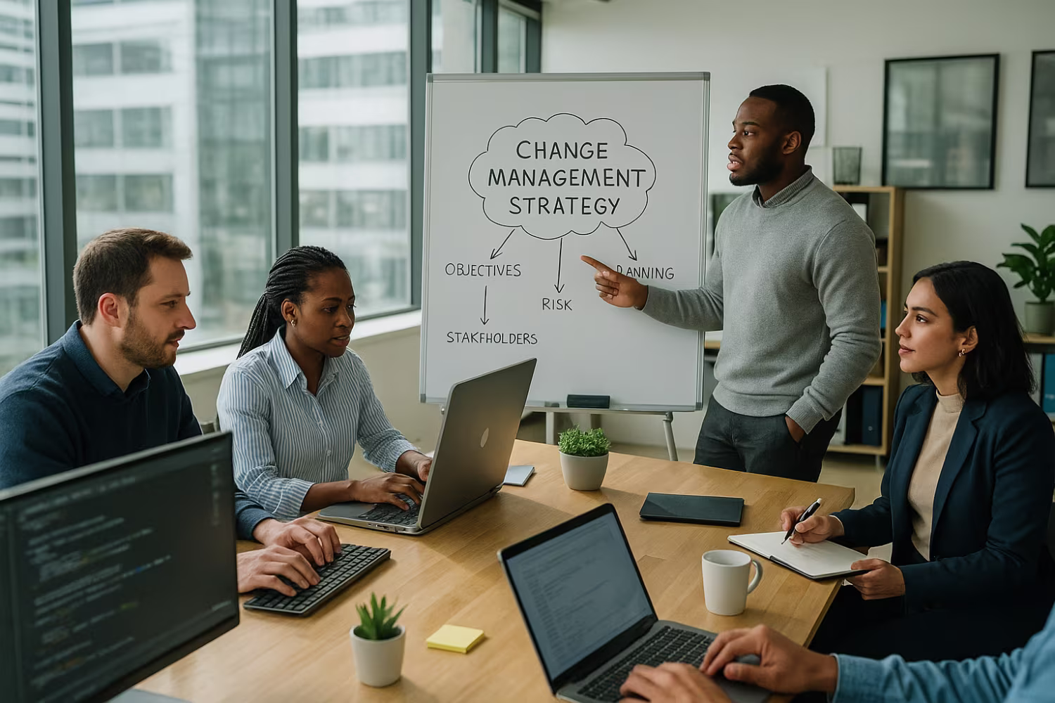 Diverse team working on IT change management