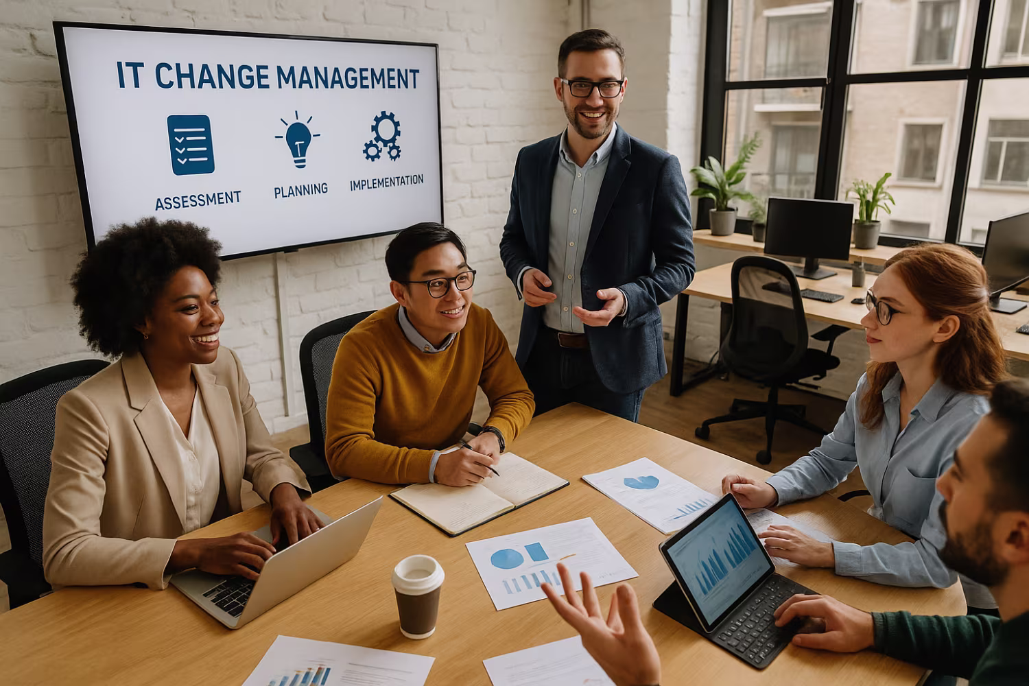 Diverse team discussing IT change management