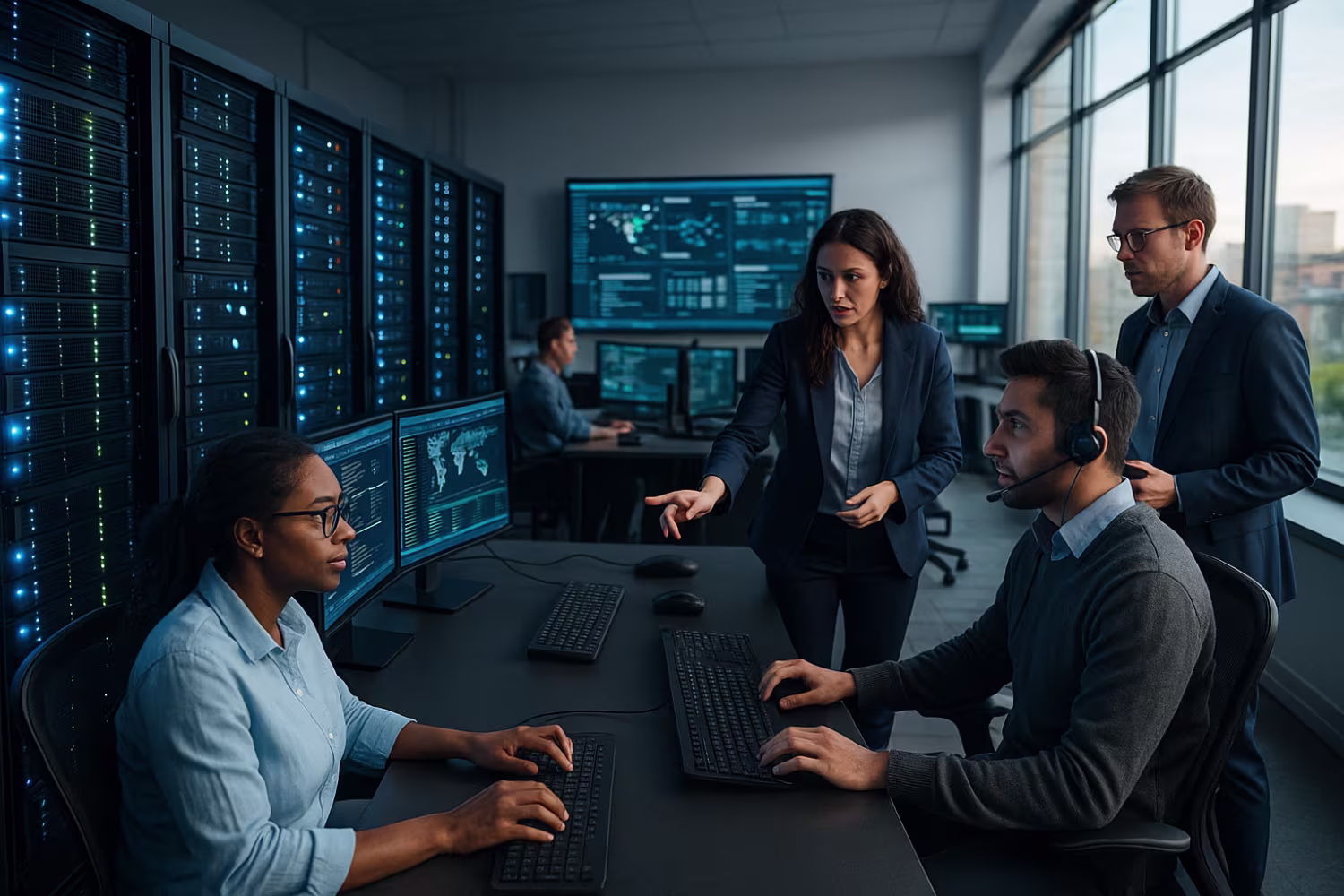 Diverse team collaborating in managed IT network services center