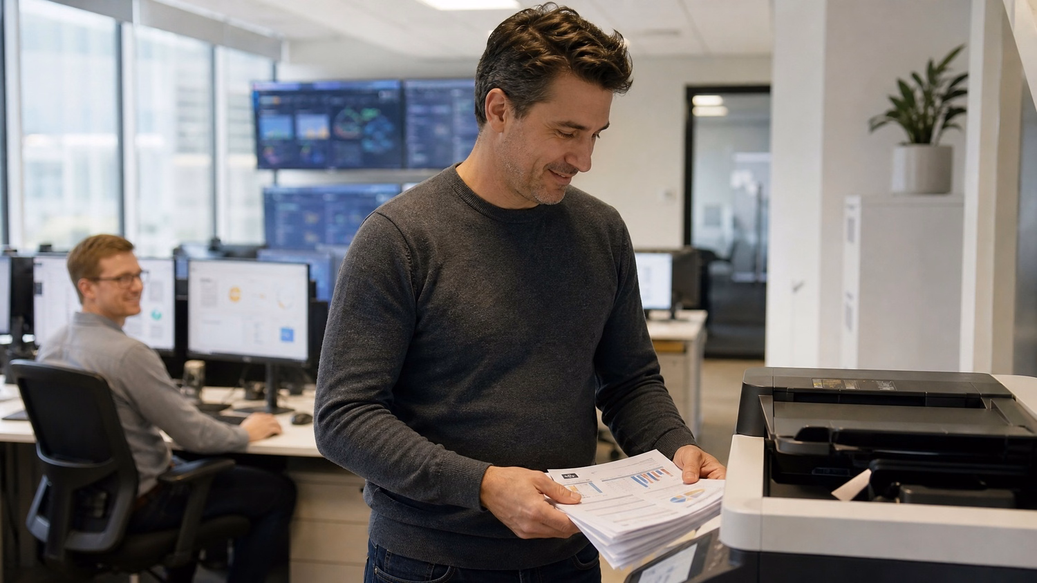 Man collecting network reports from office printer 56 chars