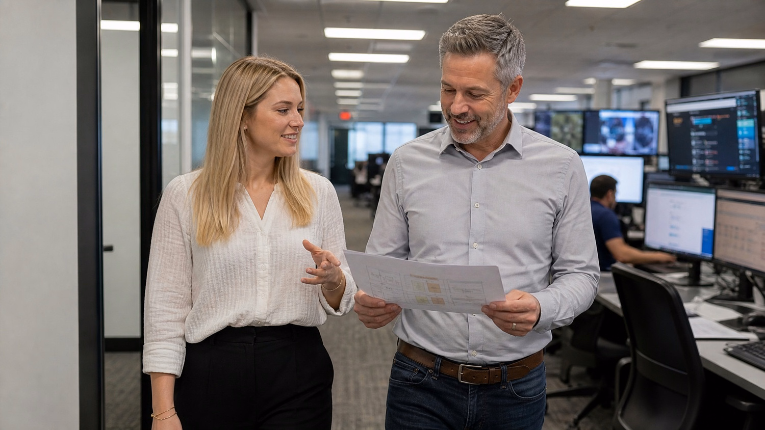 IT support professionals discussing network diagram in office