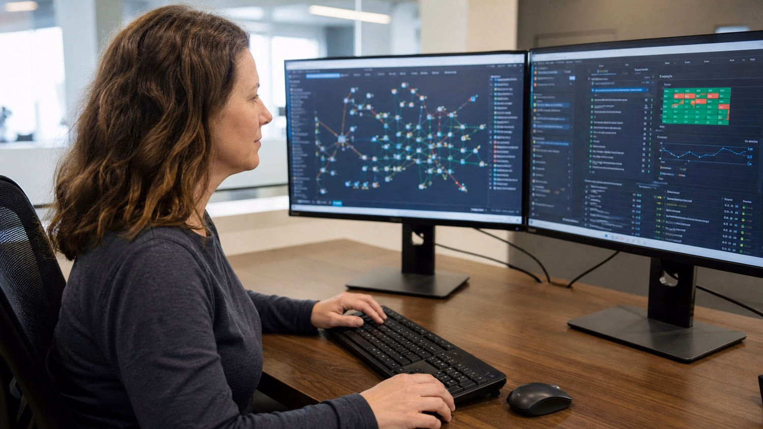 IT professionals analyze network map in small conference room