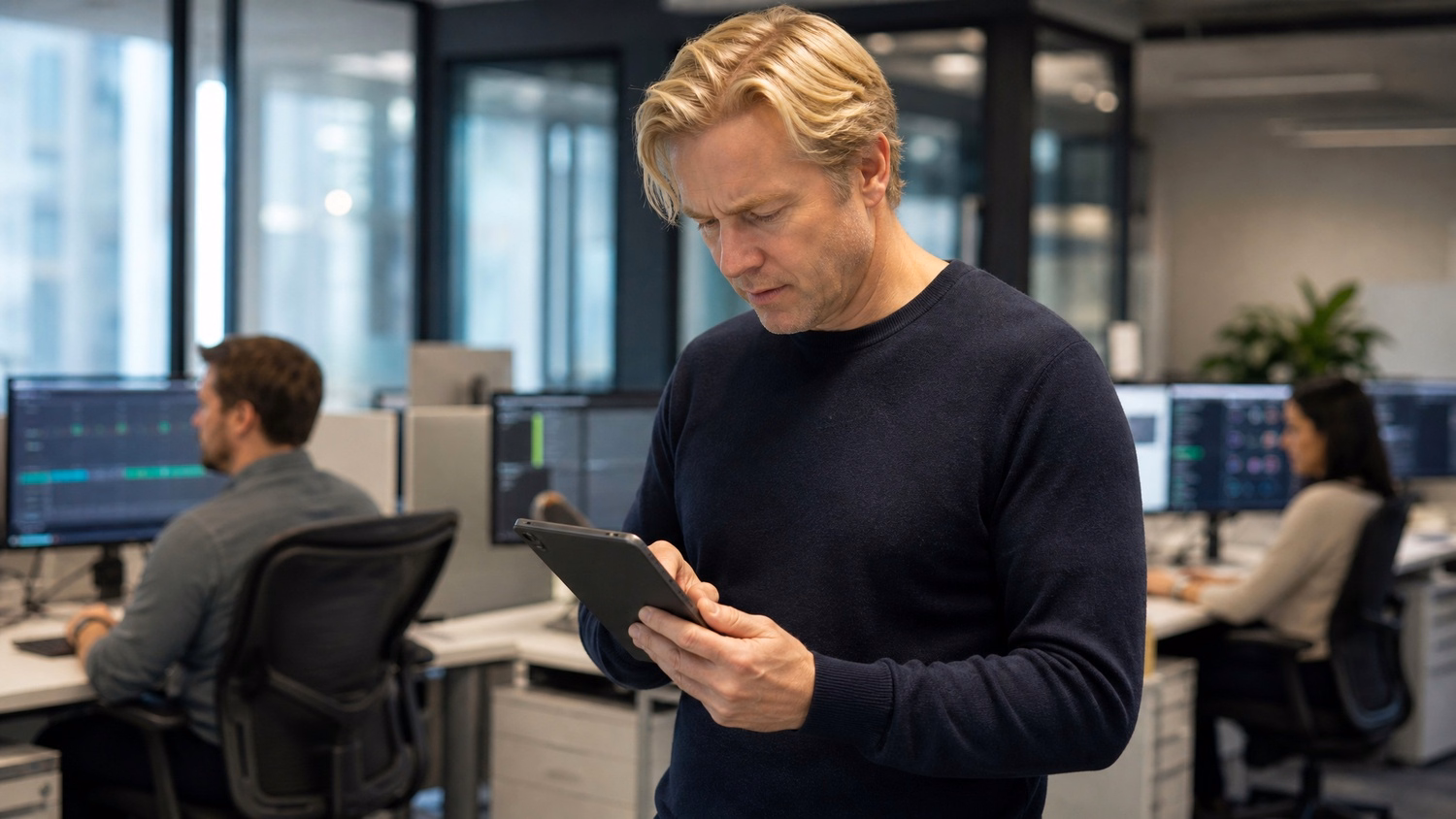 Man typing change request details on tablet