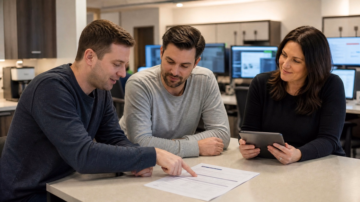 Team reviewing change request form at office kitchen island