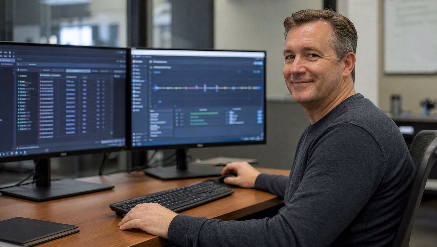 IT analyst reviewing network security logs on dual monitors