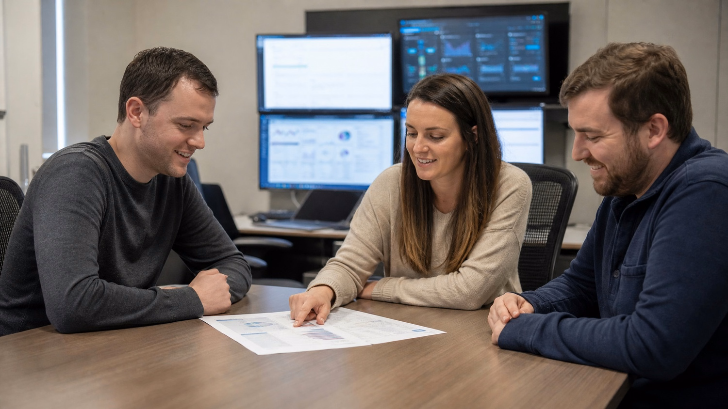 Team discusses network vulnerability report at conference table