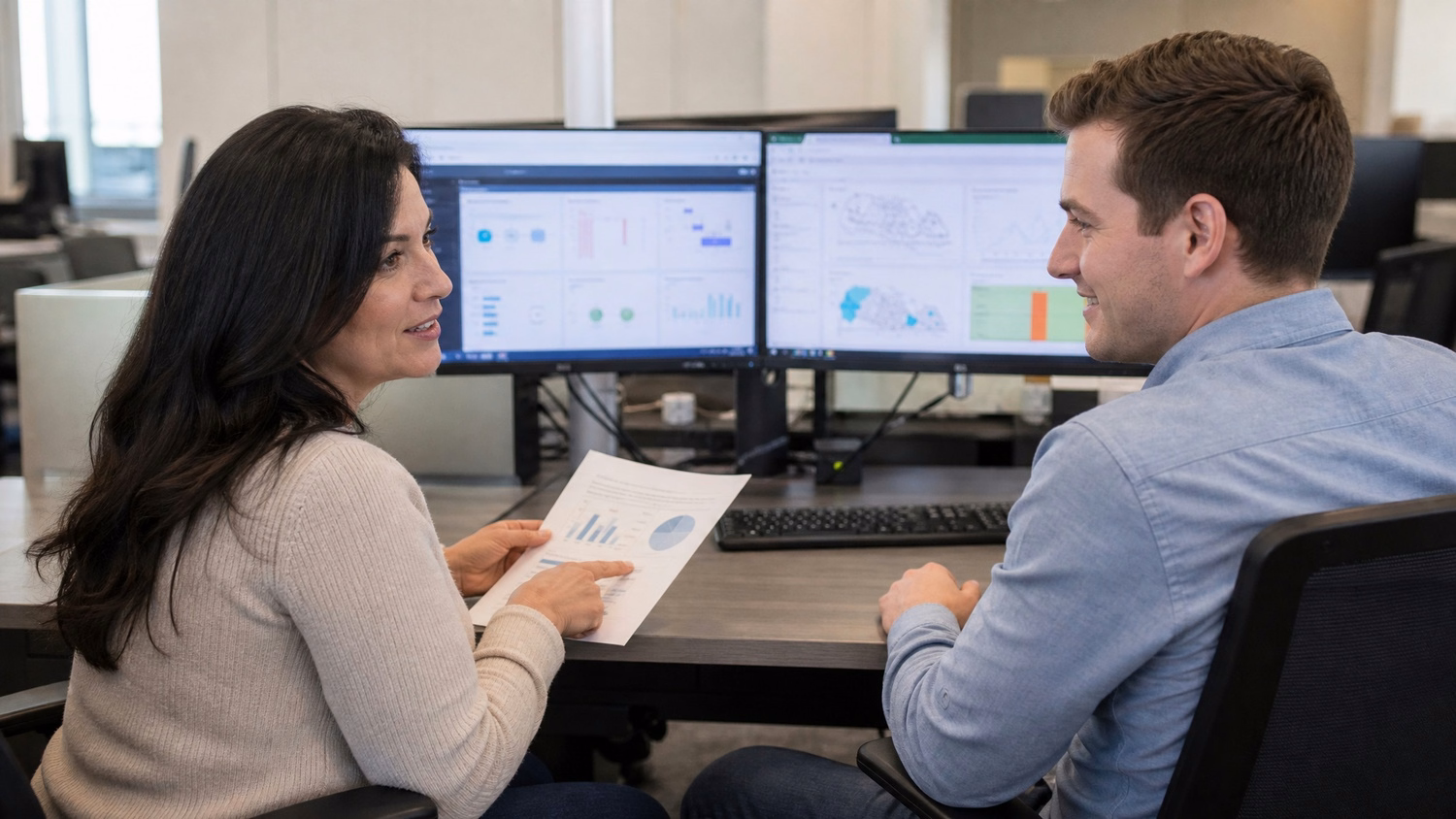 Two IT professionals discussing at their desks 59