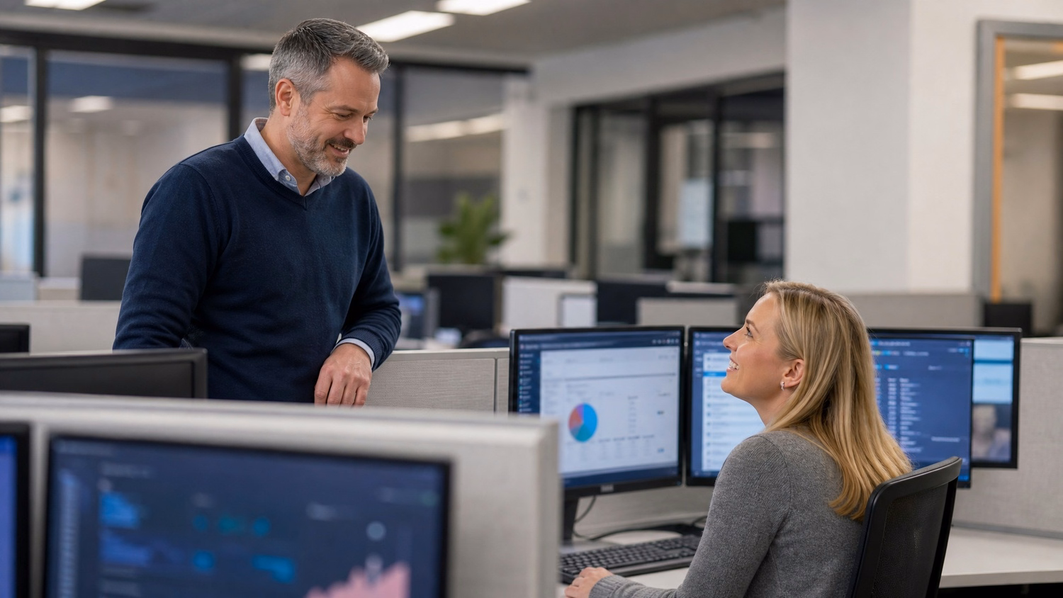 Colleague discusses IT solutions at partition desk 57