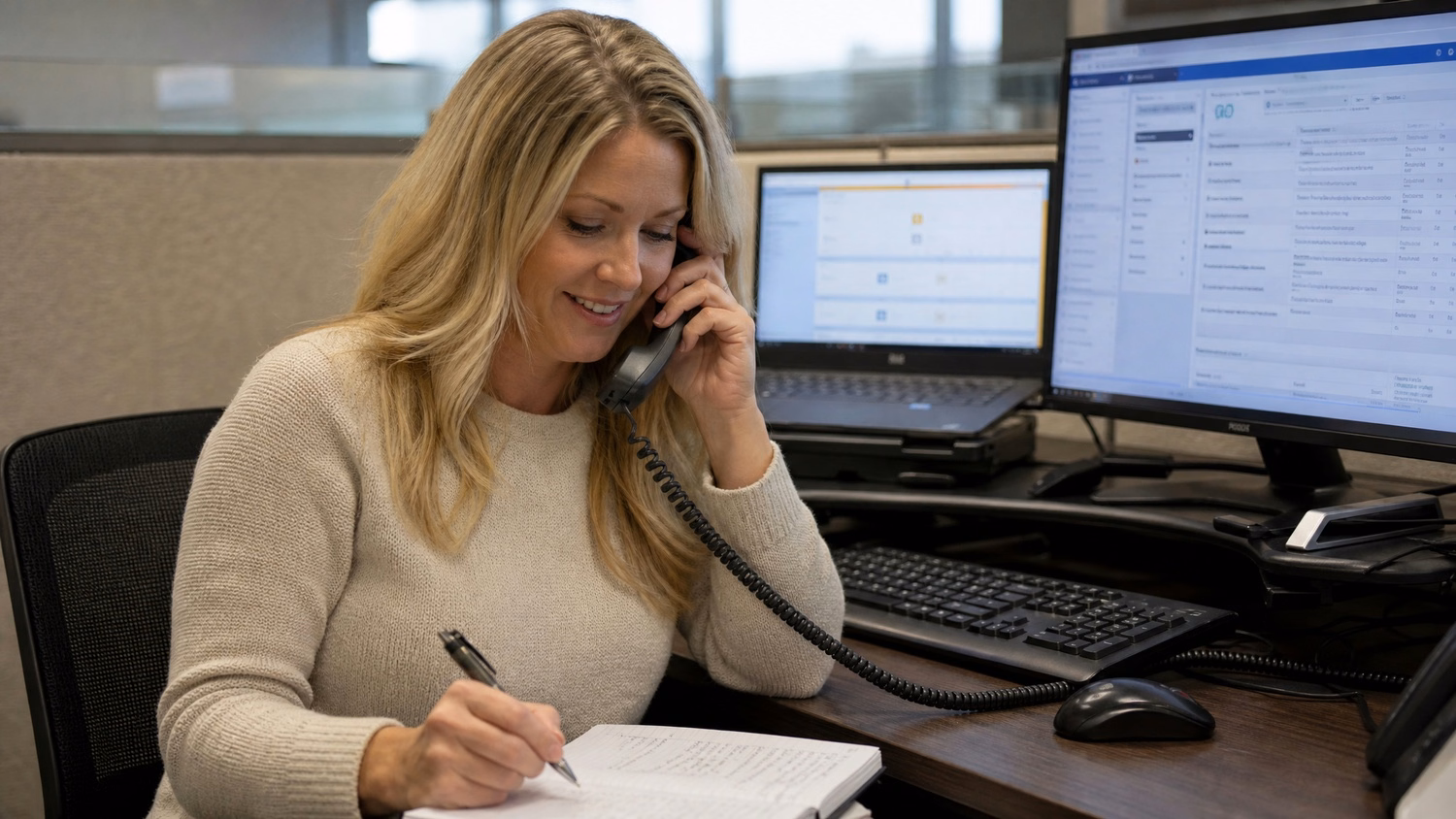 Woman on phone, writing notes in cubicle 44 chars