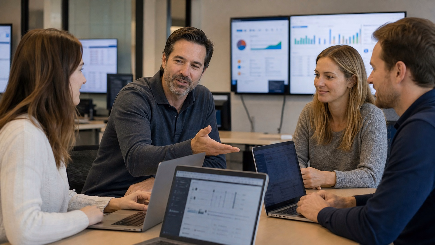 IT team collaborating around laptops at a table