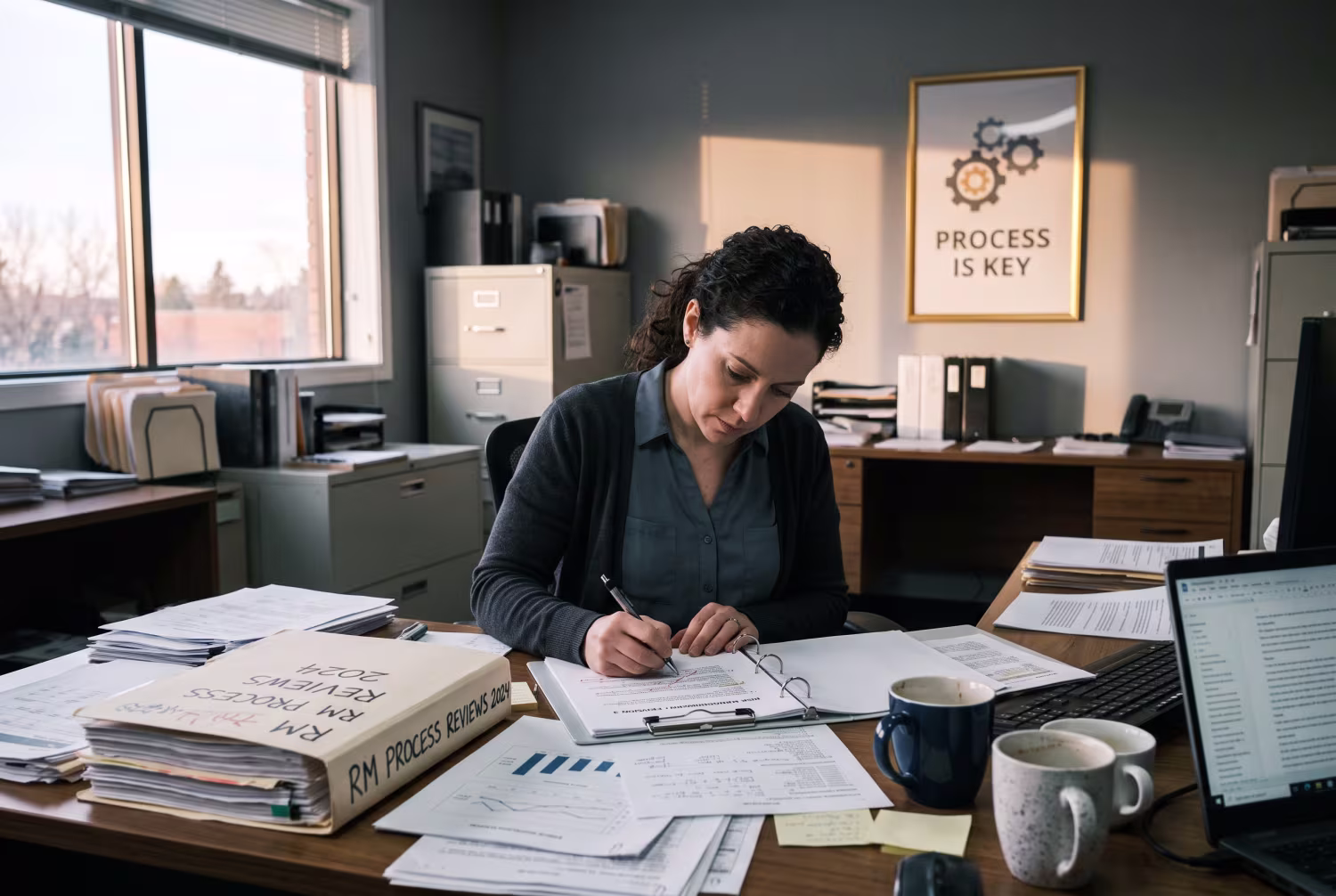 IT professional revising risk management document at cluttered desk