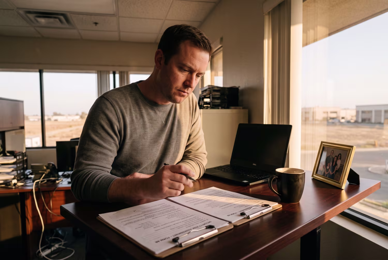 IT professional examining forms at standing desk in Bakersfield office