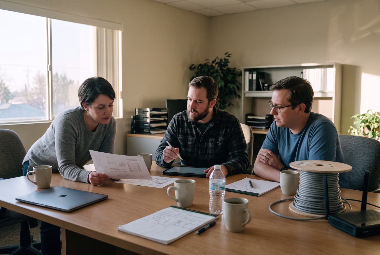 IT staff conducting early-morning strategy meeting in Bakersfield office