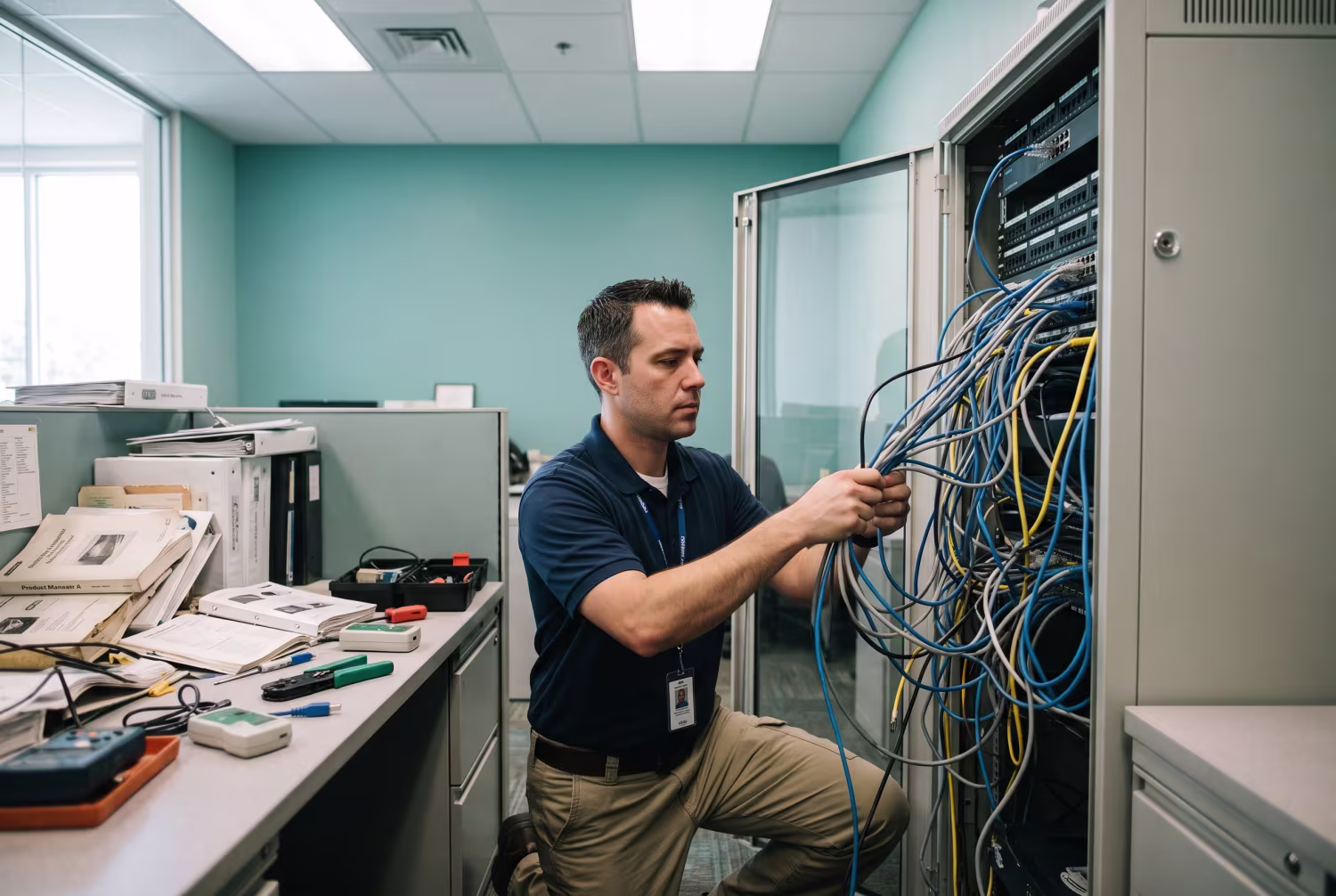 IT technician organizing cables in Bakersfield managed IT support office