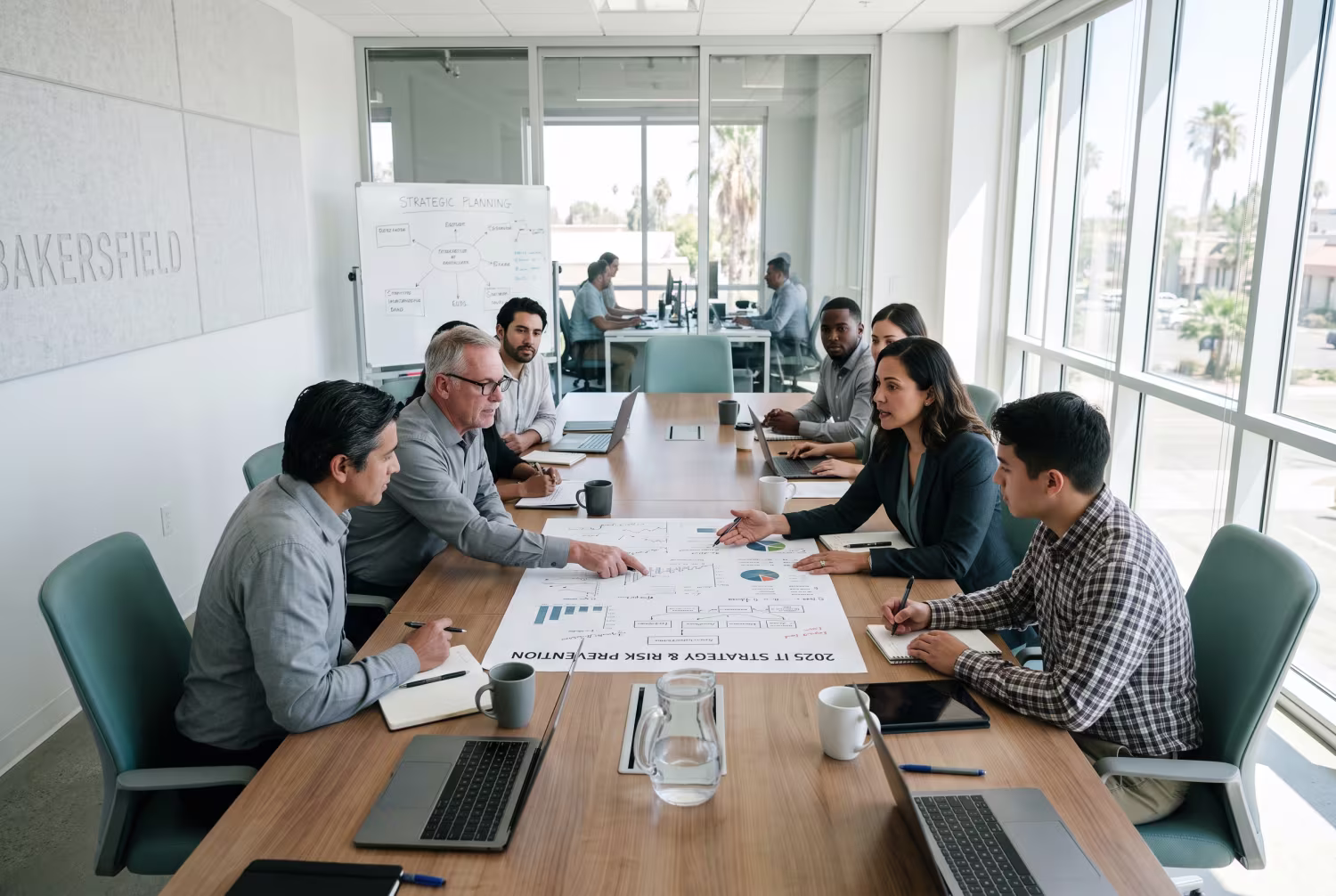 IT specialists and executives discussing document at conference table in Bakersfield office