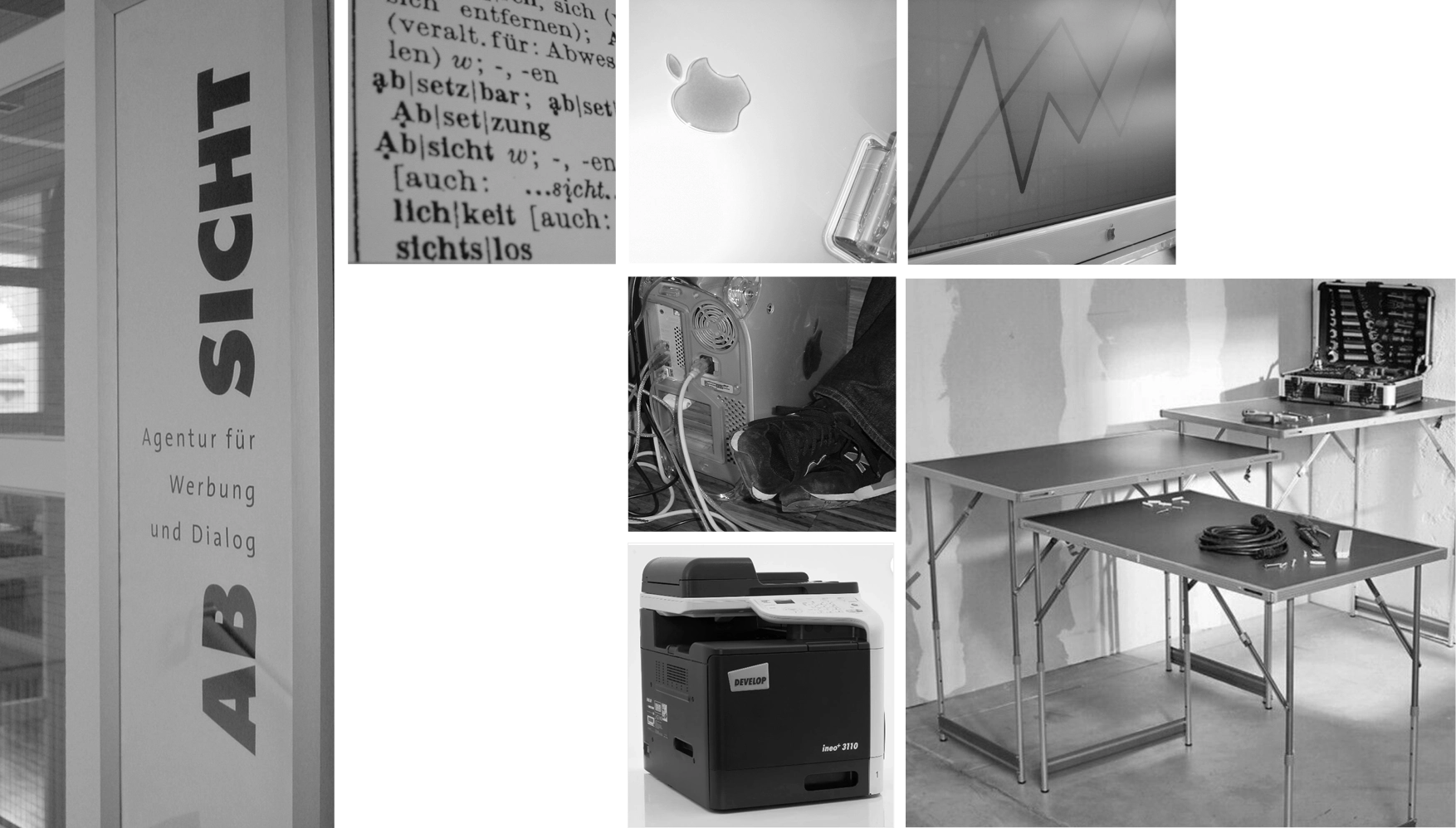 Provisorisches erstes Agenturbüro mit Tapeziertisch und improvisierter Ausstattung.