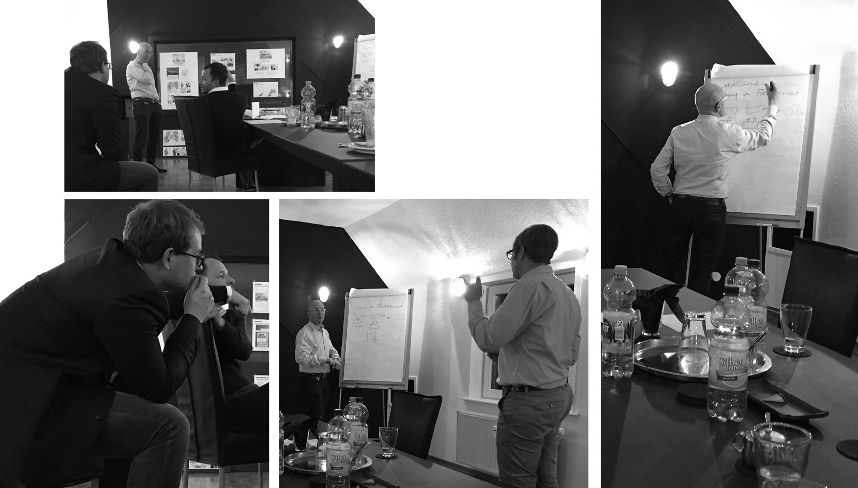 Kreativ-Workshop im hauseigenen, umgebauten Tonstudio: lockere Brainstorming-Runde mit Wein.