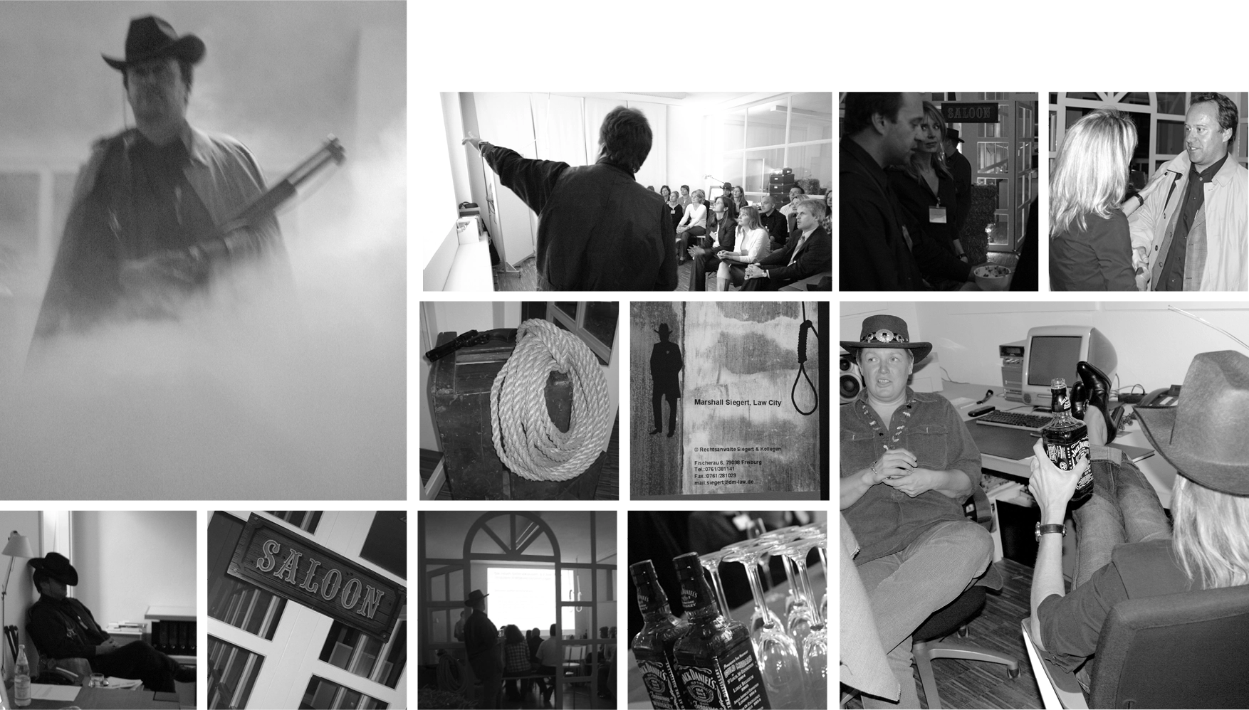 Anwalt als Cowboy auf der ABSICHT-Bühne: Datenschutz-Vortrag in Western-Inszenierung mit Hut und Gewehr.