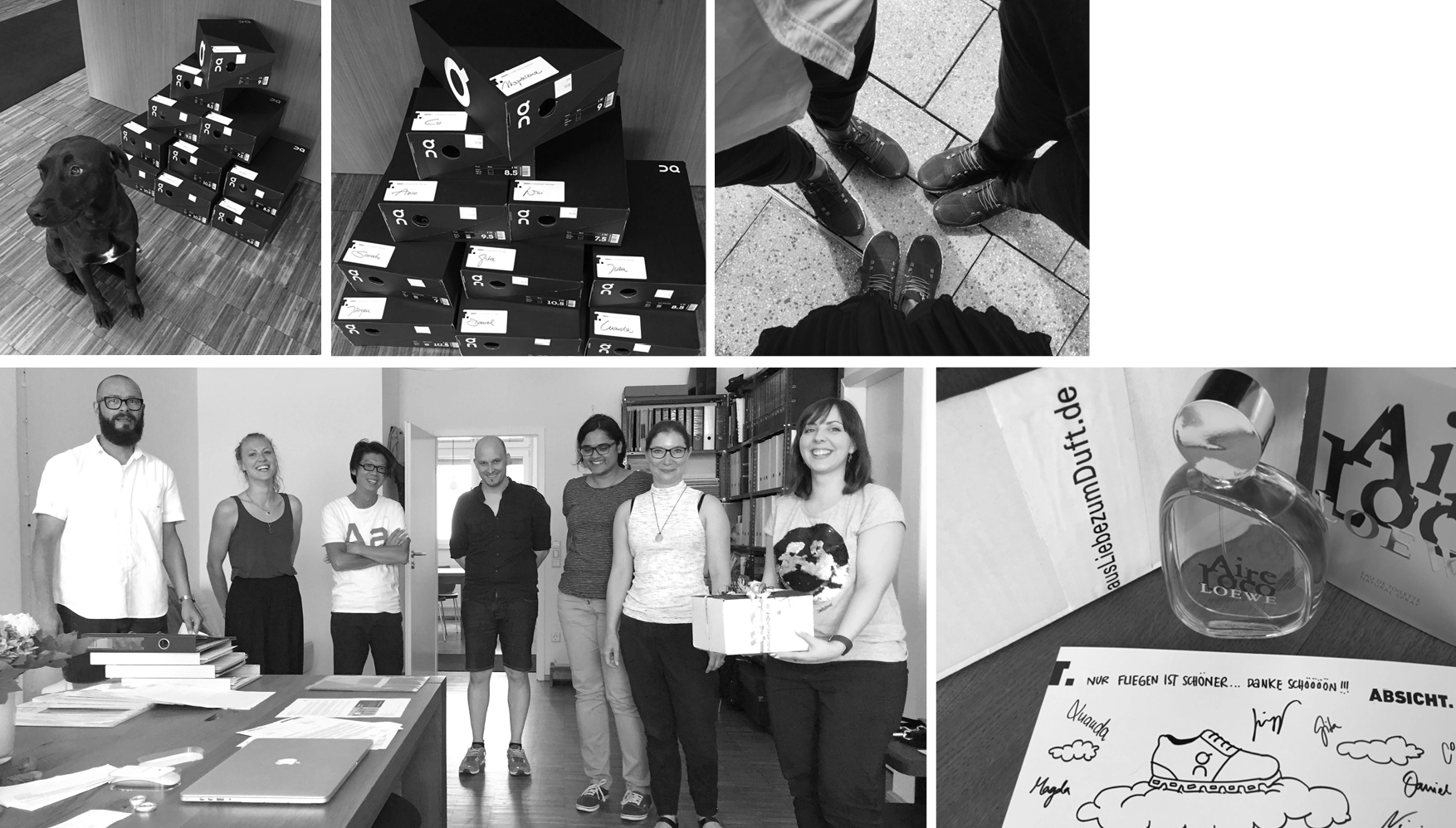 Team präsentiert neue ON-Cloud-Sneaker: alle mit identischen Turnschuhen für Messen und Kundentermine.